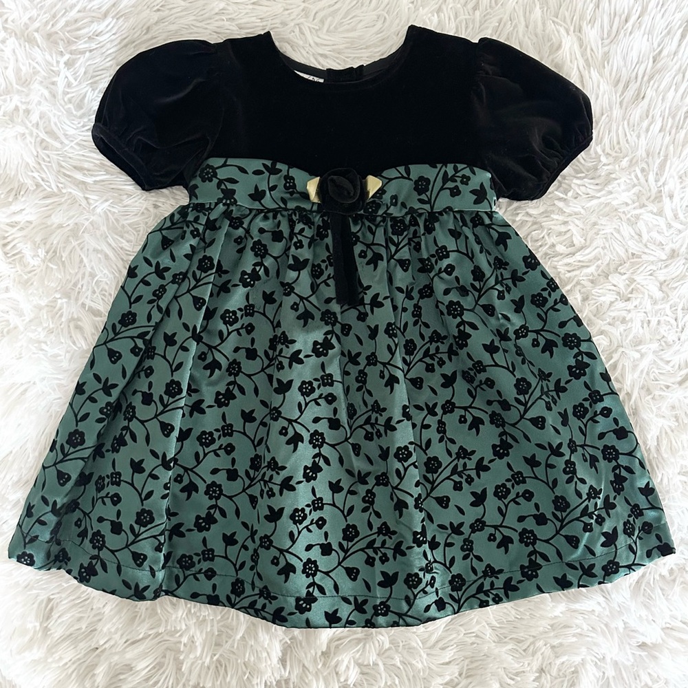 SAMARA Girls Vintage Retro Holiday Green Black Velvet Floral Party Dress Size 4T